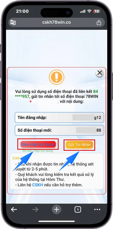 Bước 5 : Sao chép nội dung - Dùng SĐT đăng ký tài khoản >> Gửi thông tin đã sao chép đến SĐT của hệ thống >> Chờ xét duyệt trong vài phút